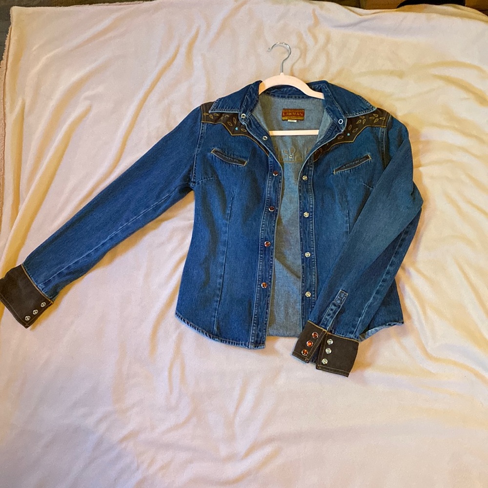 Lawman denim jacket, red pearl snaps and turquoise bead design